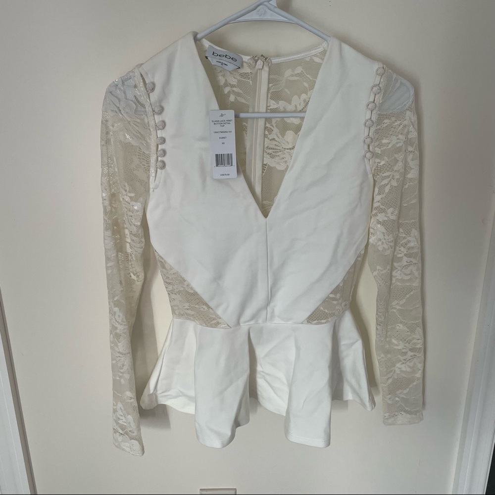 NWT Bebe Button detail lace Inset peplum top color Egret off white/cream XS